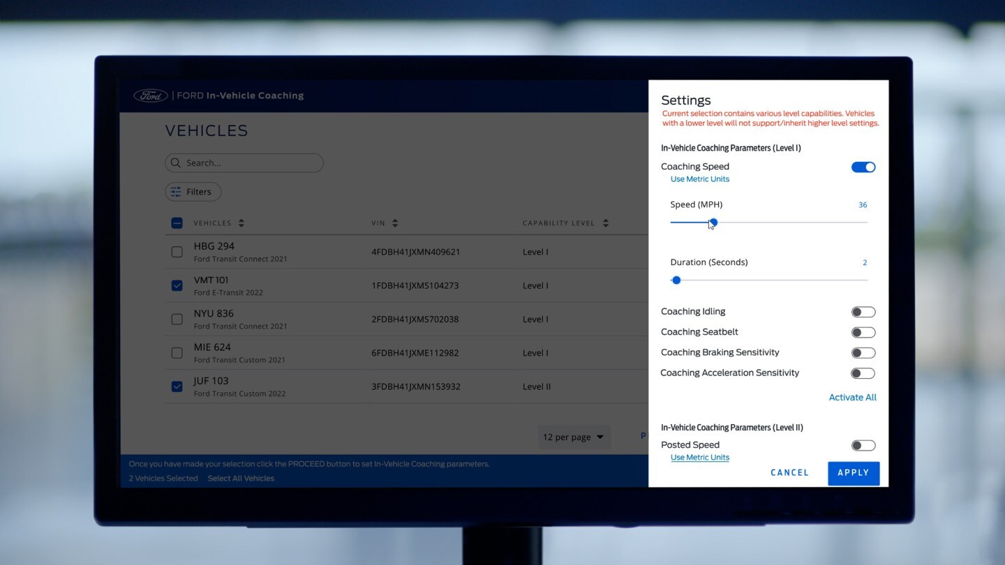 Ford Pro™ Telematics Coaching Dashboard displayed on monitor screen